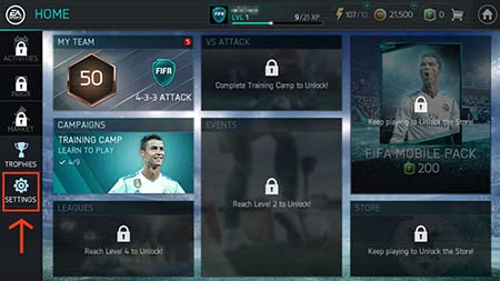 FIFA Mobile Settings Screen